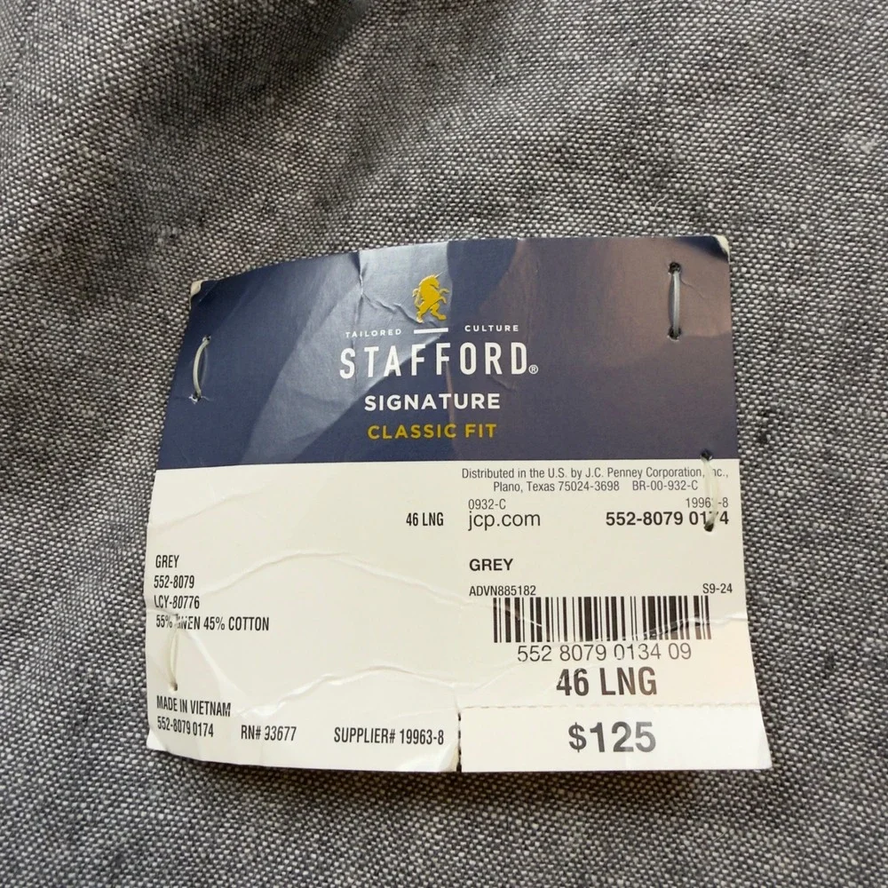 Stafford Signature‎ Grey Linen Cotton Blend Classic Fit Blazer Sport Coat 46 LNG